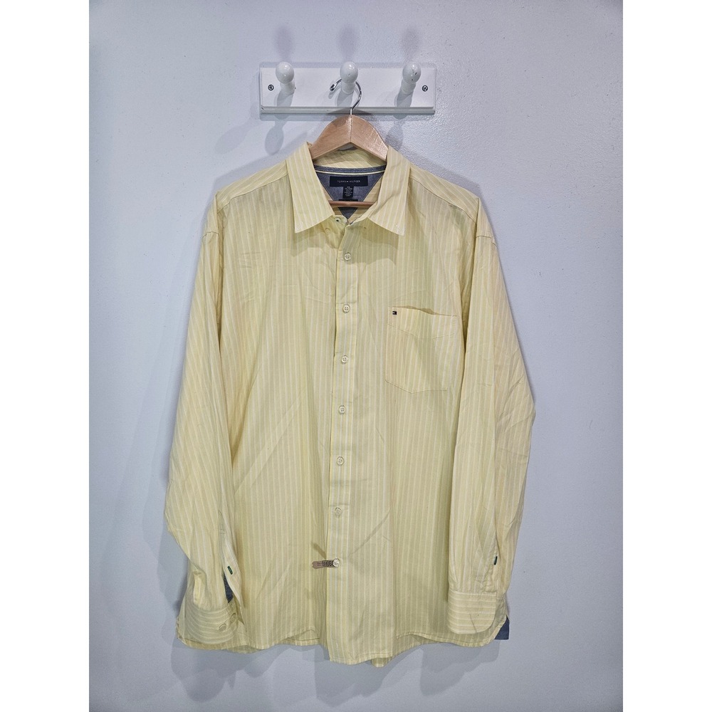 Tommy Hilfiger Men XXL Yellow White Striped Classic Fit Cotton Button Down Shirt